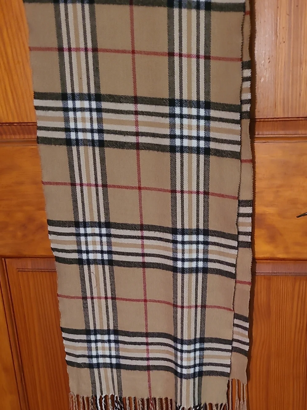 Classic Tan Plaid Scarf with Black, White and Red Stripes Cashmere NWOT Italy